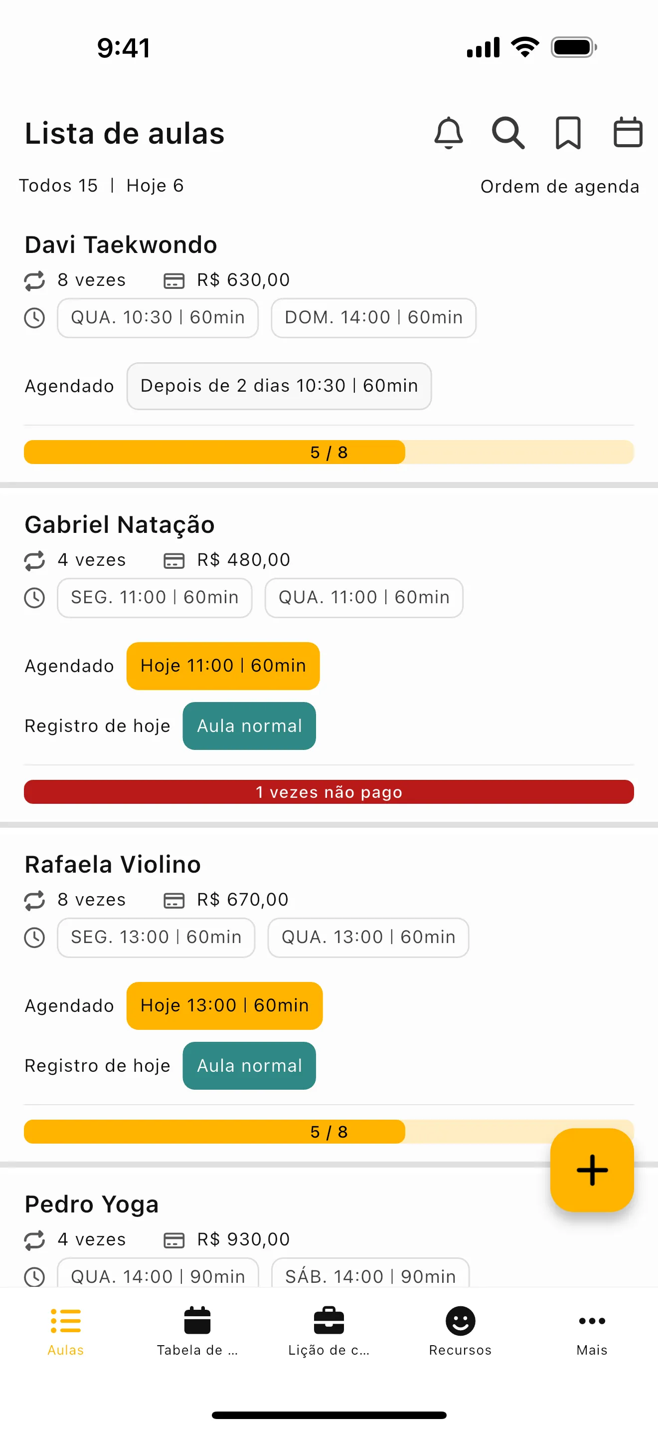 Captura de tela do Gerenciador de Aulas